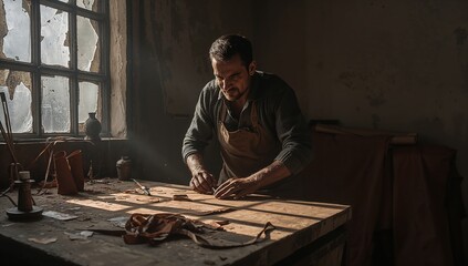 Skilled artisan cuts premium leather on rustic workbench with warm sunlight glow