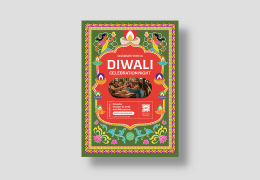 Traditional Diwali Celebration Flyer Template  Cultural Illustration, Diyas, & Festive Border Design