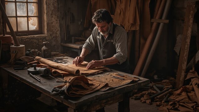 Skilled artisan cuts premium leather on rustic workbench with warm sunlight glow - Powered by Adobe