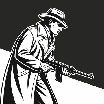 recommend clip art: Vector art of gangster in trench coat holding a machine gun