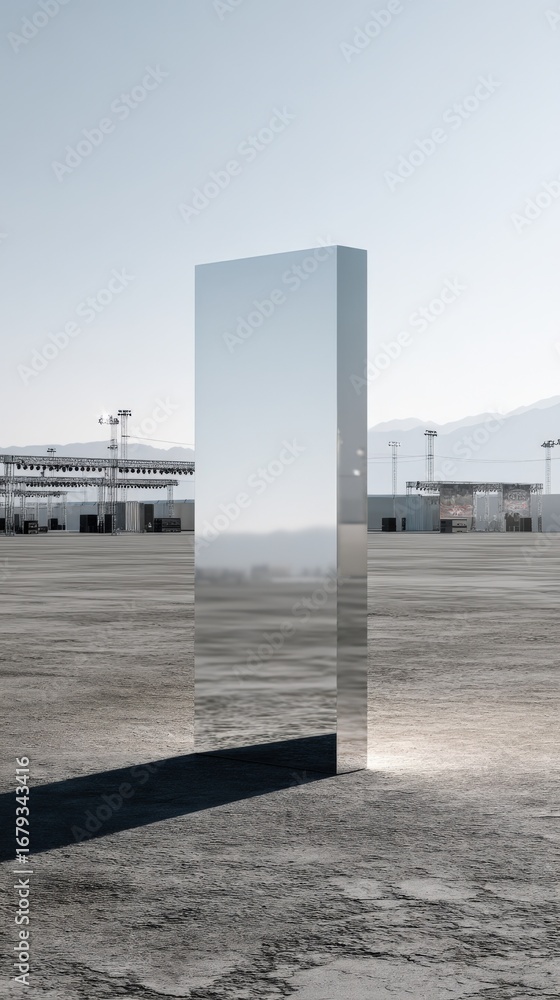 Poster monolith standing on concrete, a mysterious metallic object reflecting the environment underneath a 