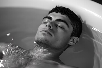 A young man with eyes closed, submerged in a bathtub, serene and peaceful.