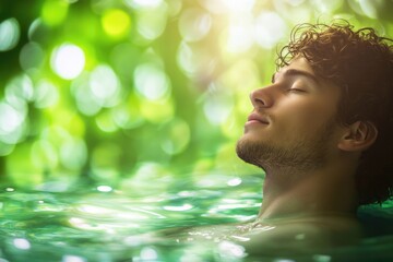 A serene young man relaxes in calm, green water, eyes closed, enjoying nature's tranquility.