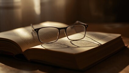 Reading glasses on open sunlit book in warm cozy peaceful reading nook