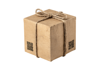 Square package tied with twine and QR codes.