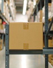 Cardboard box on metal shelving in a warehouse