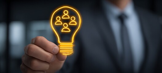 Man in business suit holding glowing light bulb, symbolizing innovation, creativity, leadership, and bright business ideas in modern corporate and professional concepts.