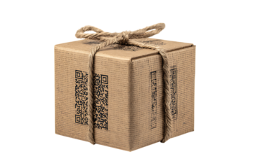 Sustainable packaging,  Cardboard gift box tied with twine, featuring QR code.