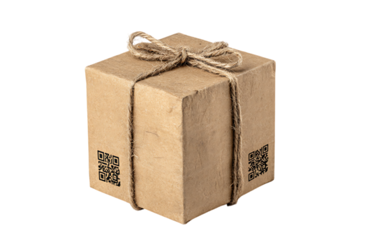 Square package tied with twine and QR codes.