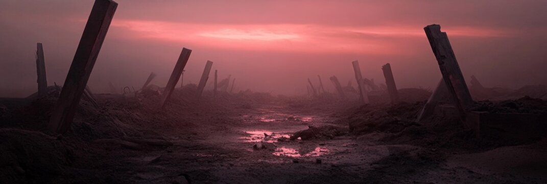 Eerie landscape with ruins at sunset