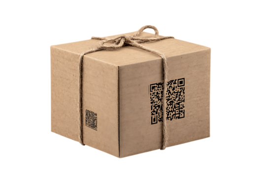 Square cardboard box tied with twine and QR code.