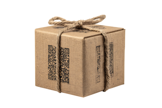 Sustainable packaging,  Cardboard gift box tied with twine, featuring QR code.