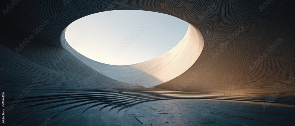 Poster abstract architectural interior featuring a circular opening to the sky, creating a modern design el