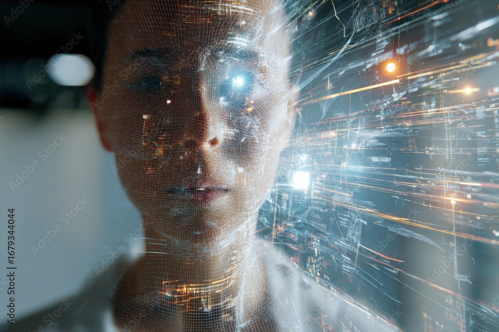 Poster futuristic female portrait with digital interface overlay for advanced technology concepts and artif
