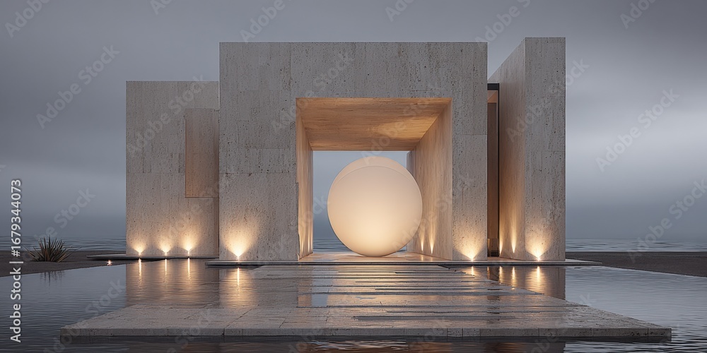 Poster architectural structure with a sphere and water, modern aesthetic building design, minimalist constr