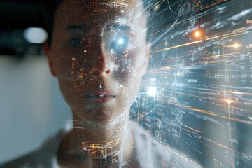Futuristic Female Portrait with Digital Interface Overlay for Advanced Technology Concepts and Artificial Intelligence