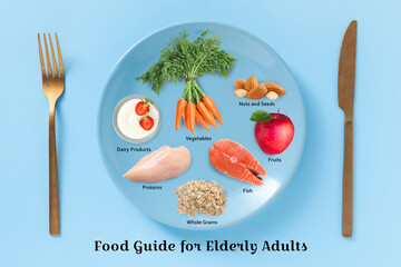 Plate with collection of different foods and cutlery on light blue background, top view. Nutrition...