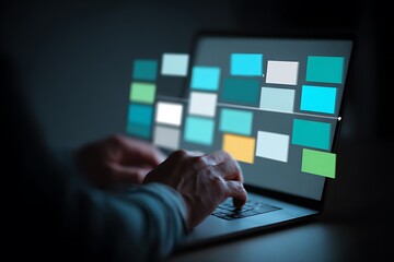 Data flow diagram. Process decomposition and data flow analysis. Engineer using laptop computer to manage data processing system.