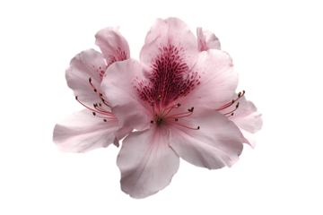 Close up of a delicate pink azalea flower with maroon center.