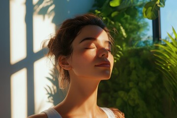 A serene woman with eyes closed, basking in sunlight filtering through lush greenery.
