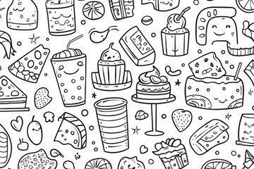 Kawaii-style coloring page for kids featuring cute food items like cakes and drinks, with thick lines, black and white, no shading, and low detail.