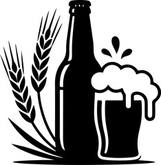 Black Silhouette Logo of a Beer Bottle, Glass with Foam and Wheat Stalks, Perfect for Pubs and Breweries