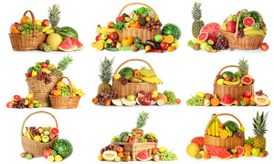 Collection of fresh organic fruits and vegetables on white background
