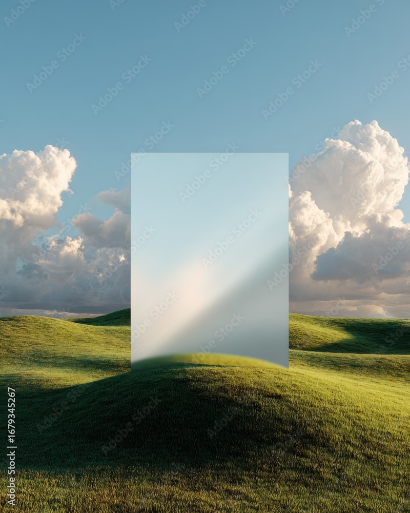Poster surreal green field landscape with rectangular portal reflecting sky and clouds, creating dreamlike 
