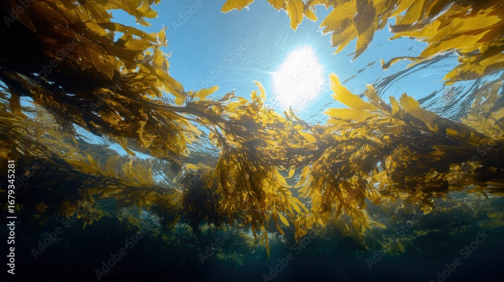 Poster underwater kelp forest canopy with sunlight streaming through, creating a calming and serene marine 