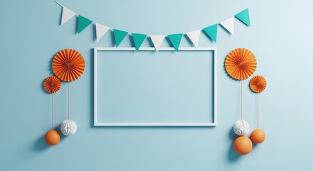 Celebration background with empty frame paper fans and bunting.