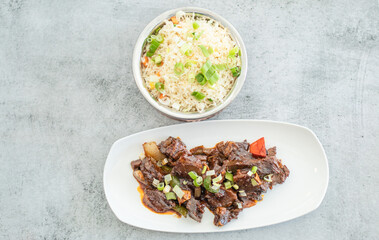 Delicious beef stir-fry with red and yellow bell peppers