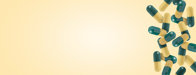 Pills falling against orange gradient background. Banner design with space for text