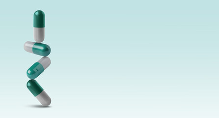 Pills falling against light blue gradient background. Banner design with space for text