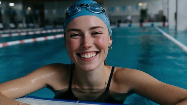 A close-up portrait of a happy young female swimmer in a cap and goggles smiling at the camera at the edge of the pool, a concept of sports training, health and active lifestyle