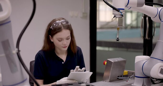 female student operating robotic arm using tablet while observing object placement during automation lab class focused on precision robotics calibration inside high tech industry40 learning facility