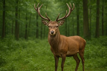 Majestic Red Deer Stag Portrait in Lush Green Forest, Wildlife and Nature Photography