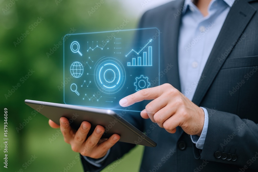Poster professional using digital tablet with futuristic interface for data analysis and business intellige