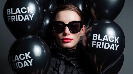 A stylish woman in sunglasses with red lipstick poses surrounded by black balloons with the text "Black Friday". Concept for a fashion sale, luxury retail, and shopping promotion