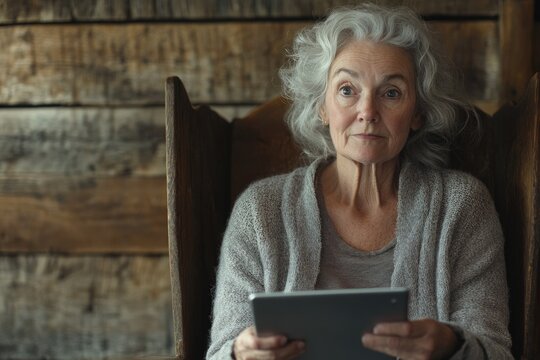 An elderly woman with gray hair sits in a wooden chair, thoughtfully holding a tablet.