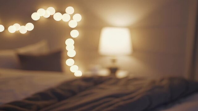 A cozy bedroom glows softly with string lights and a warm bedside lamp. A blanket is spread on the bed, creating a serene and inviting atmosphere that's perfect for relaxing, unwinding, or peaceful sl