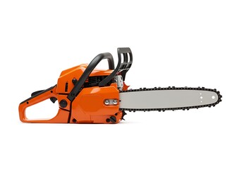 A modern chainsaw with a bright orange body and black handles, ideal for product marketing.