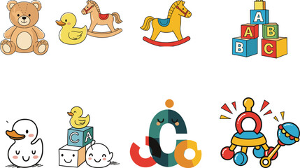 Colorful children's toys, teddy bear, rubber duck, rocking horse, ABC blocks, baby rattle, cartoon snowman, playful nursery items, vector illustration, cute design