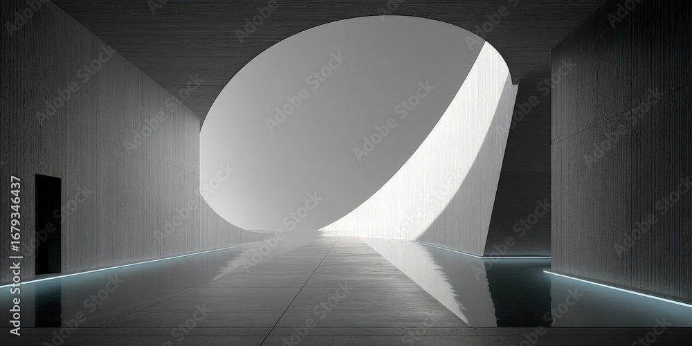 Poster abstract architectural interior with geometric shapes and reflected light creating a modern and mini