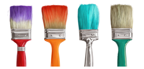Four colorful paintbrushes displayed against a transparent background