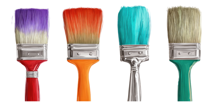 Four colorful paintbrushes displayed against a transparent background