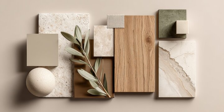 Elegant Interior Design Mood Board Featuring Natural Tones, Marble, Wood, Fabrics, and an Olive Branch