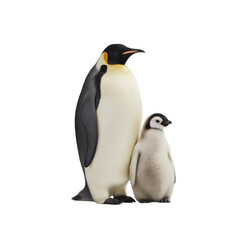 Fototapeta premium Emperor penguin adult and chick standing side by side with clean transparency background showing detailed feathers and natural colors in calm and peaceful pose