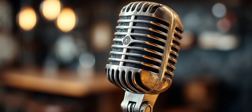 Song music mic and bokeh cafe background. Generative AI technology.	
