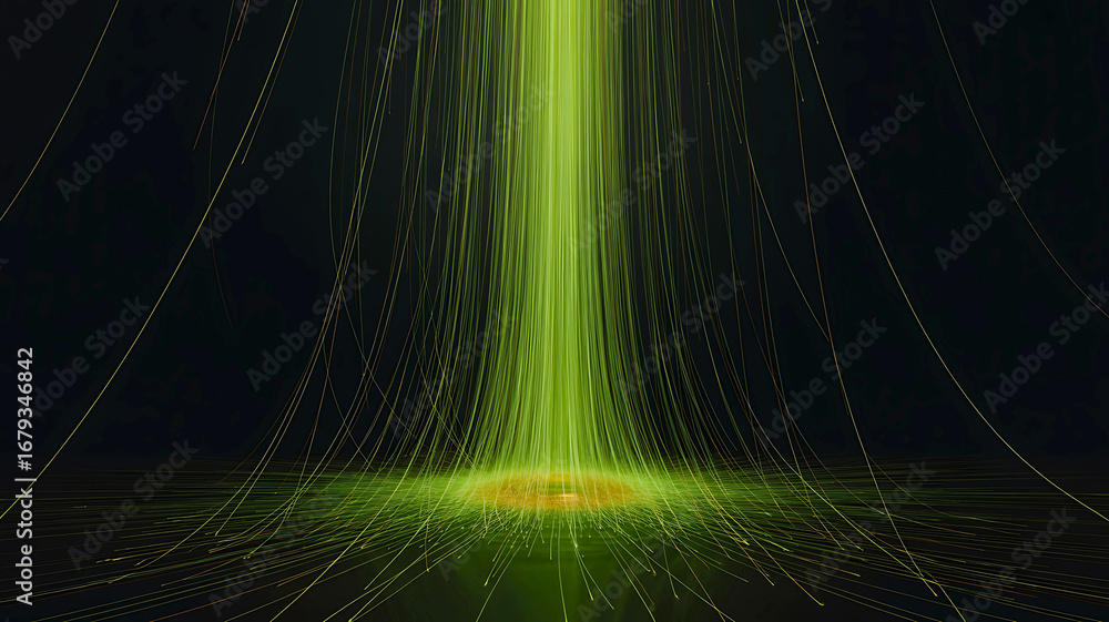 Poster dynamic abstract background showing a central nexus of green light streams representing digital data