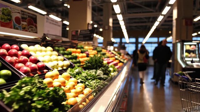 A vibrant supermarket produce section showcases fresh fruits and vegetables neatly arranged under bright lighting. Shoppers walk through the modern store, enjoying a convenient and lively grocery expe